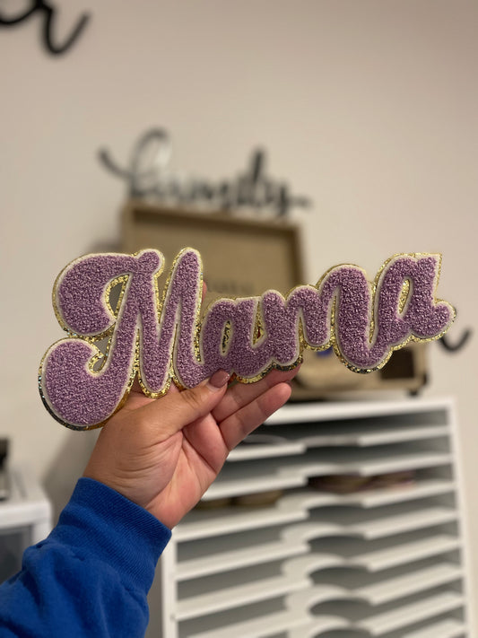 "Mama" Chenille Patch - Purple, White  & Gold